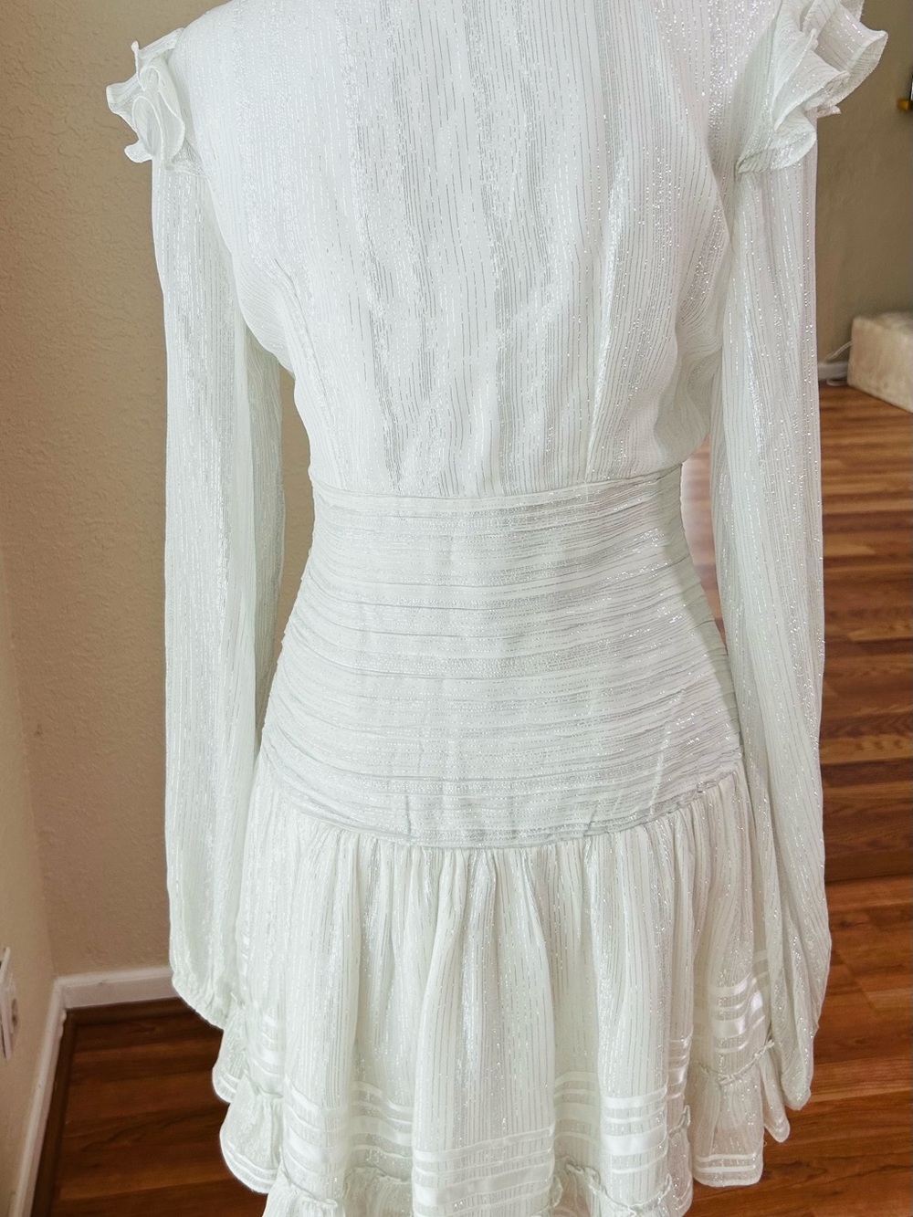 Rococo Sand True Mini dress in white w/ silver Long sleeve. Size Small - Picture 10 of 14